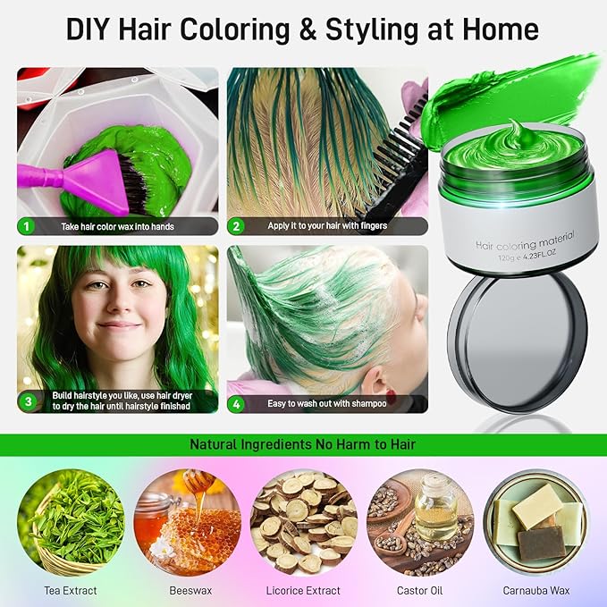 Green Hair Dye, Green Temporary Hair Color Wax, Natural Instant Hair Wax Color, Washable Hair Dye, DIY Temporary Hair Color for Teens Women Men Party Cosplay Halloween, 120g