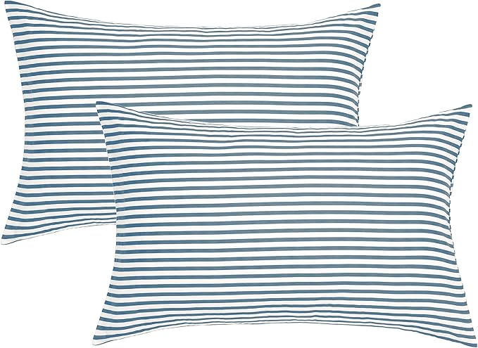 JELLYMONI 100% Natural Cotton Striped King Pillowcases Set, 2 Pack White and Grayish Blue Stripes Pattern Printed Pillow Covers with Envelope Closure(Pillows are not Included)