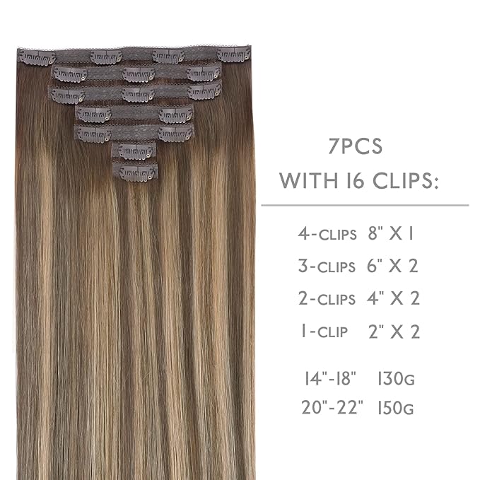 WENNALIFE Lace Seamless Clip in Hair Extensions Human Hair 7pcs Ultra Invisible 50% Thinner Seamless Clip Ins Balayage Chocolate Brown to Caramel Blonde Natural Remy Hair 18 inch