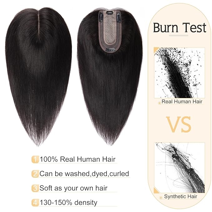 SEGO Human Hair Toppers for Women With Thinning Hair, 7 * 13CM Silk Base 100% Real Human Hair Clip in Top Wiglet Hairpieces /10 Inch No Bangs Natural Black