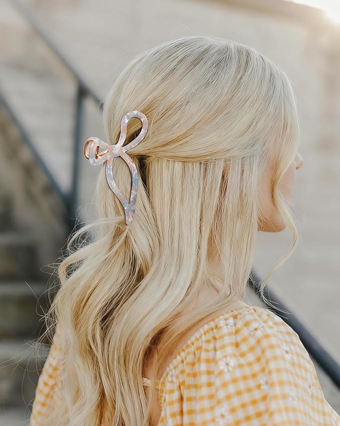 ACECHA 2 Pack Gold Metal Bow Hair Claw Clips for Women, 4.5" Colorful Non-slip Hairclips for Thick Thin Hair Claws Strong Hold Styling (Pink & Blue Floral)