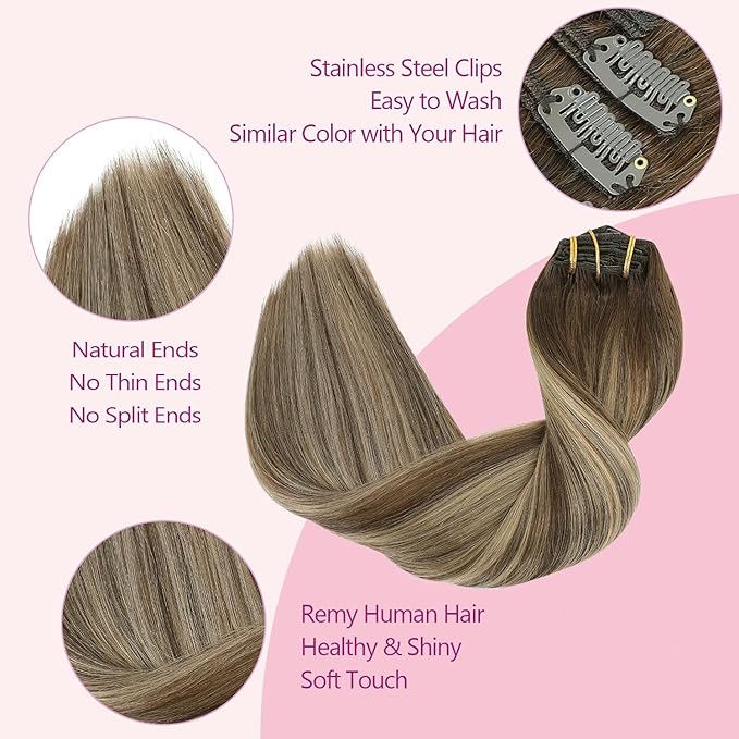 PINKPEARL Clip in Hair Extensions Human Hair, Remy Human Hair Clip ins for Women #4/27/4 Chocolate Brown to Caramel Blonde Balayage Clip Hair Extensions 7pcs 120g 22inch(#4/27/4-22)