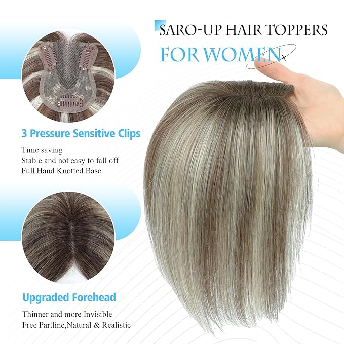 SARO-UP Hair Toppers for Women Real Human Hair Toppers for Women with Thinning Hair pieces with No Bangs 3 * 4Inch Hand-Tied Invisible Upgrade Swiss Base 10Inch Topper (4T6/613#)