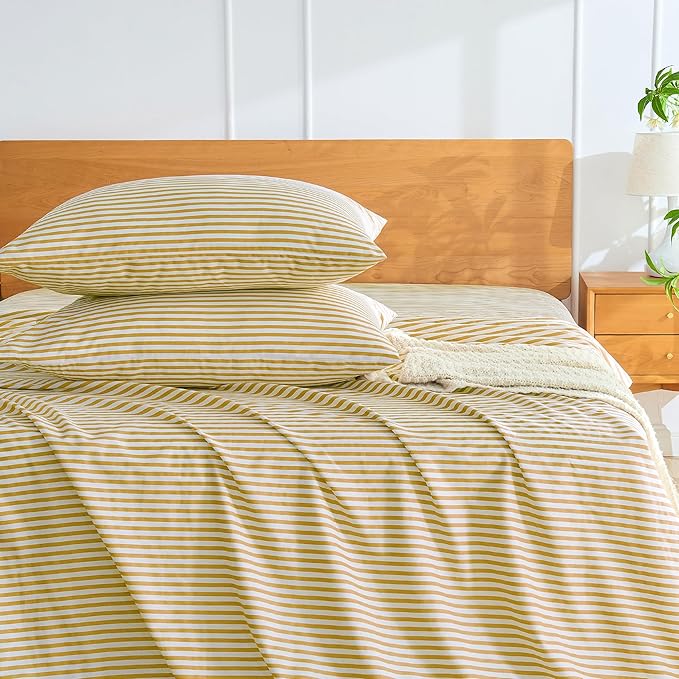 JELLYMONI 100% Natural Cotton Striped Queen Pillowcases Set, 2 Pack White and Yellow Stripes Pattern Printed Pillow Covers with Envelope Closure(Pillows are not Included)