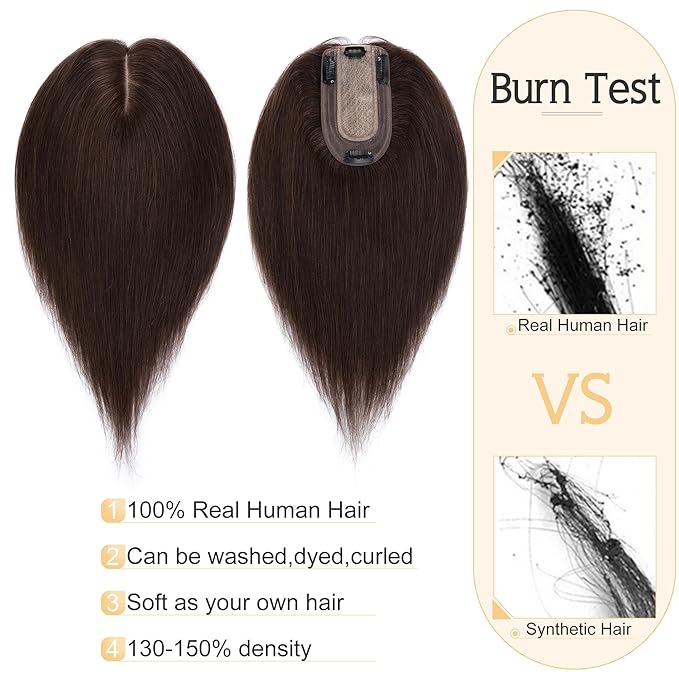 SEGO Human Hair Toppers for Women With Thinning Hair, 7 * 13CM Silk Base 100% Real Human Hair Clip in Top Wiglet Hairpieces -8 Inch No Bangs Dark Brown