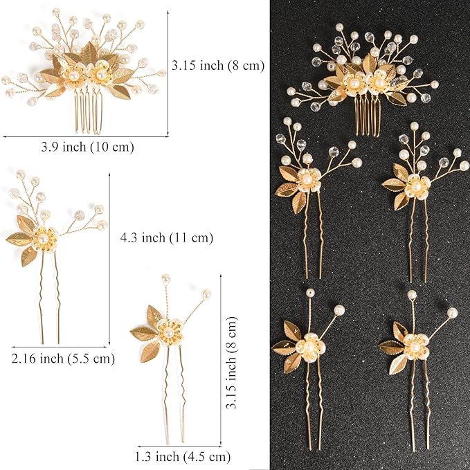 Wedding Hair Pins - Elegant Pearl Leaf Crystal Hair Accessories for Bridal Women (Silver)