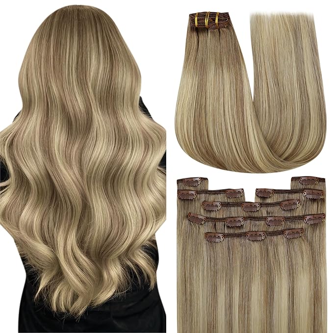 YoungSee 135g Balayage Clip in Hair Extensions Light Brown Real Human Hair Extensions Clip ins Balayage Brown Mix Platinum Blonde Human Hair Clip in Extensions Soft Remy Hair 18inch 7pcs