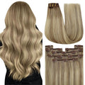 YoungSee Clip in Hair Extensions Real Human Hair Light Brown Balayage Clip in Extensions Light Brown Ombre Blonde Highlights Dyable Hair Extension Clip ins for Women 20Inch 7Pcs 120G
