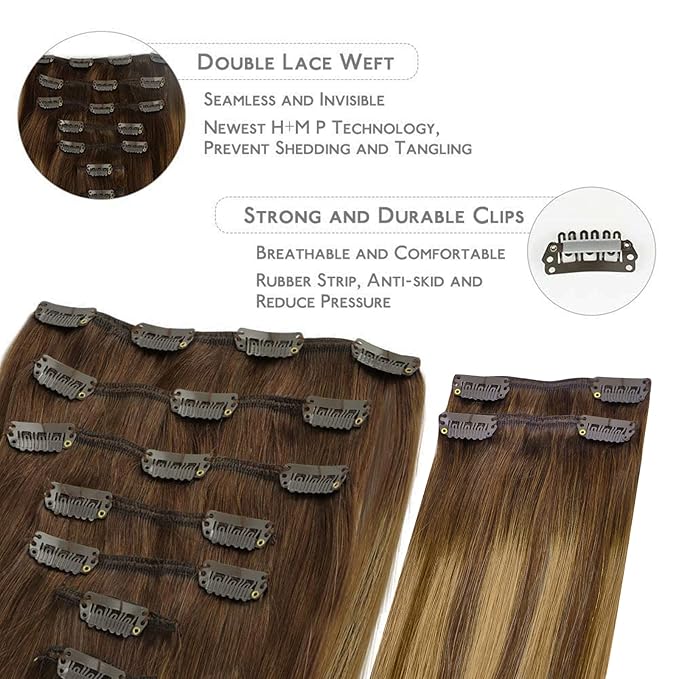 WENNALIFE Clip in Hair Extensions, 150g 16 Inch 9pcs Balayage Chocolate Brown to Caramel Blonde Remy Hair Thicker Double Weft Extensiones De Cabello Humano Con Clip Ins Straight Full Volume