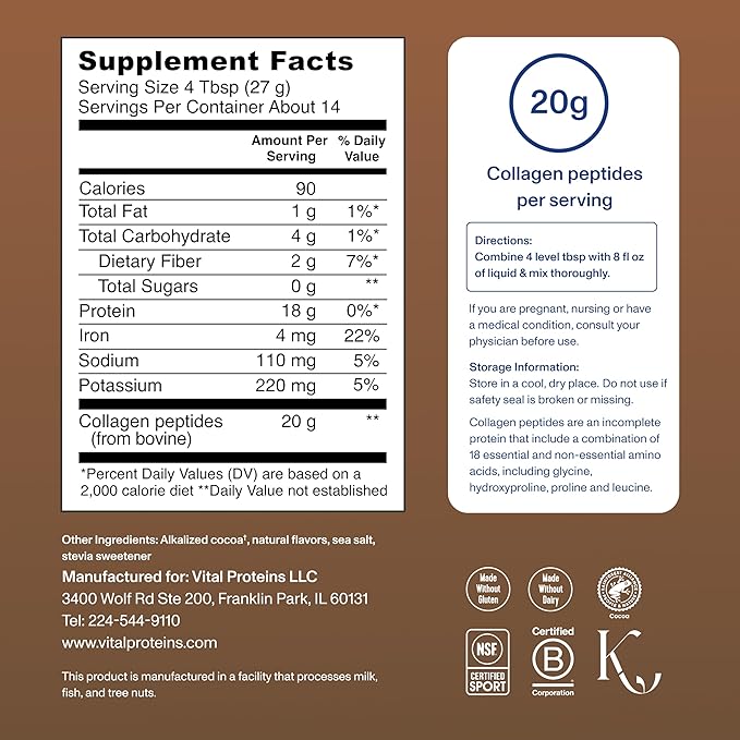 Vital Proteins Collagen Peptides Powder - Chocolate Powder for Hair, Nail, Skin, Bone & Joint Health, 13.5oz