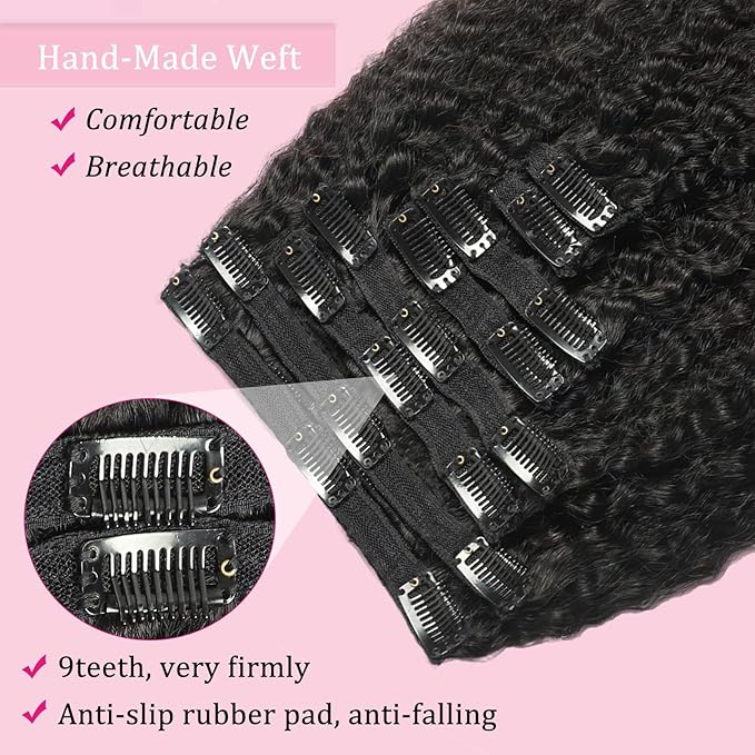 26Inch Kinky Straight Clip Ins Real Human Hair for Black Women Brazilian Real Hair Extensions 125g 8Pcs with 18Clips Per Set Double Weft Human Hair Clip Ins for Full Head (26 Inch)