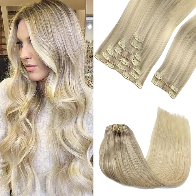 GOO GOO Clip in Hair Extensions Real Human Hair, Remy Human Hair Extensions Clip ins for Women, Natural Human Hair, 16inch 150g 9Pcs, 17/22/60 Balayage Ash to Platinum Blonde