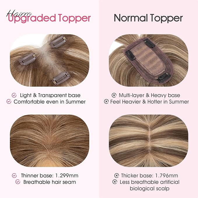 Hairro Human Hair Toppers with Side Bangs, 3D 360° Seamless Real Hair Toppers, Hand-Tied with 3.5"x4.7" T-shaped Base, Clip-In Hairpieces to Add Volume on Top, 11 Inch Medium Brown Mix Dark Blonde