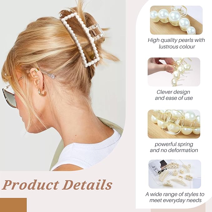 Pearl Hair Accessories for Women - 8Pack Claw Clips for Thick and Thin Hair, Barrettes for Styling and Weddings