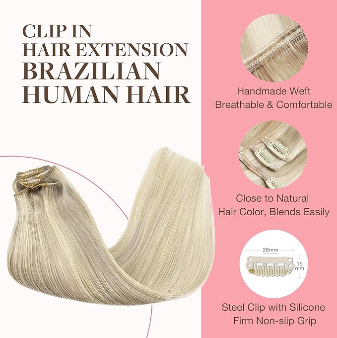 GOO GOO Clip in Hair Extensions Real Human Hair, Remy Human Hair Extensions Clip ins for Women, Natural Human Hair, 22inch 120g 7Pcs, 17A/60A Ash Blonde Highlighted Platinum Blonde