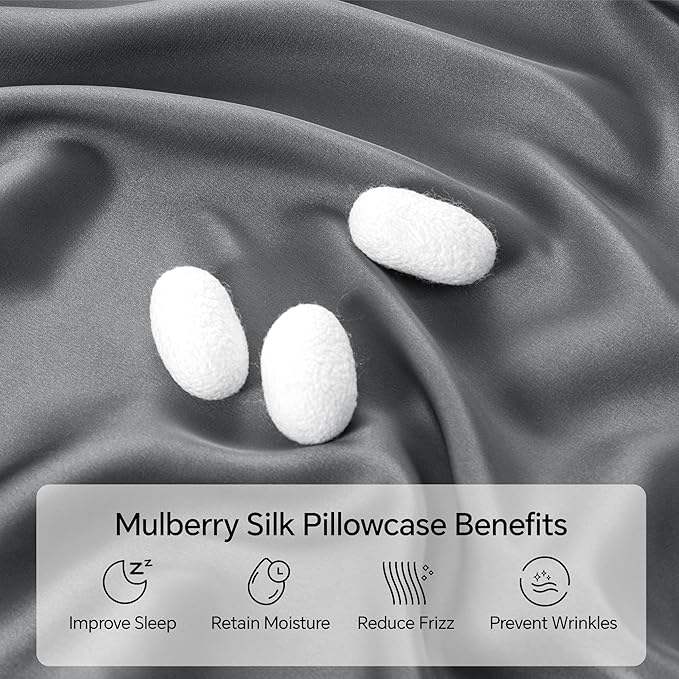 INFIIXSO Silk Pillow Cases 2 Pack Standard Size, Ultra Smooth & Soft Mulberry Silk Pillow Case for Hair and Skin, Breathable Cooling Silk Pillowcase with Hidden Zipper (Dark Grey, 20x26 Inches)