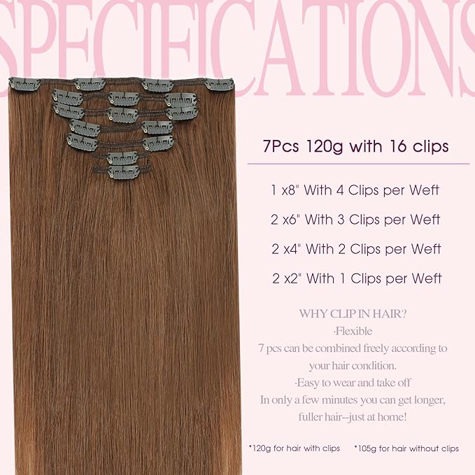 PINKPEARL Clip in Hair Extensions Real Human Hair, Remy Human Hair Extensions Clip ins for Women, Natural Human Hair, 16inch 120g 7Pcs, #33 Auburn(#33-16)