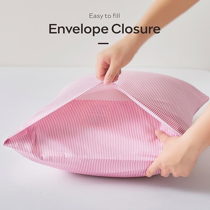 JELLYMONI 100% Natural Cotton Striped Standard Pillowcases Set, 2 Pack White and Thin Pink Striped Pattern Printed Pillow Covers with Envelope Closure(Pillows are not Included)