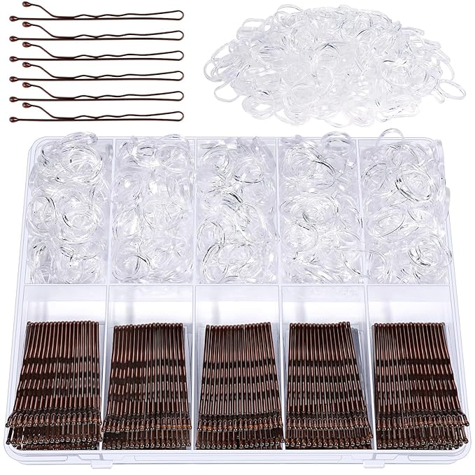 YGDZ 750 Count Bobby Pins Brown Kit, 250 PCS Mini Hair Pins for Styling, 2 Inch Bobby Pins for Women, Kids, Girls, 500 PCS Clear Elastic Hair Ties with Storage Box, Hair Accessories for Brown Hair