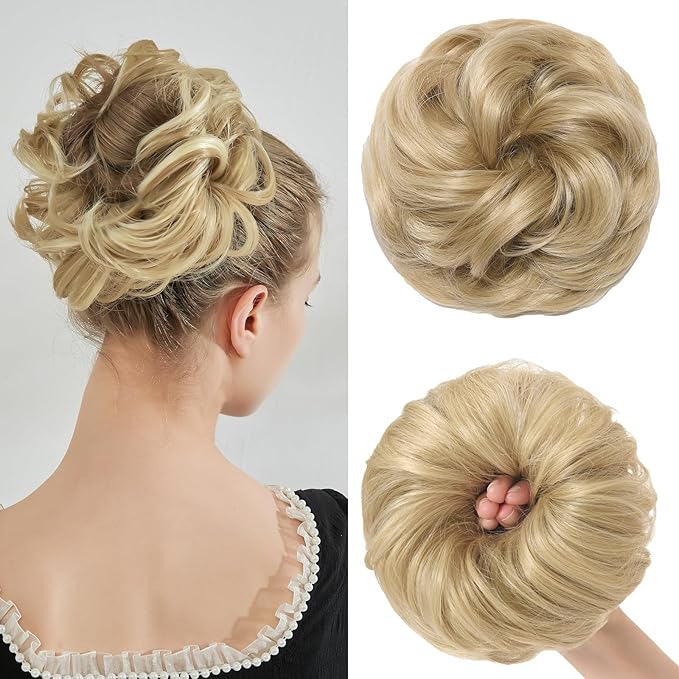 Large Messy Bun Hair Piece Curly Synthetic Extensions Scrunchies Fake Chignon Updo Hairpieces for Women Natural Blonde Balayage