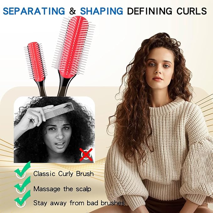 Hair Brush for Women Men Curly Wet or Dry Hair Classic Detangling Brushes 7 Row for Natural Thick Hair, Blow Styling Separating, Shaping Defining Curls Tools Travel Bristle Black Hairbrush