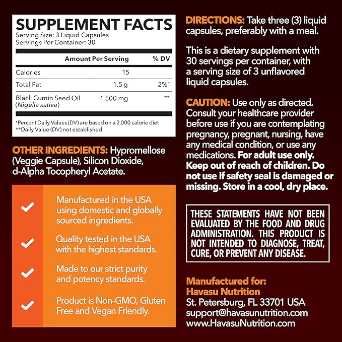 Cold Pressed Black Seed Oil Capsules - 1500mg Black Cumin Supplement for Immune Function, Digestive Support & Overall Health - Hair & Skin Superfood - Nigella Sativa - 1 Month Supply, Unflavored