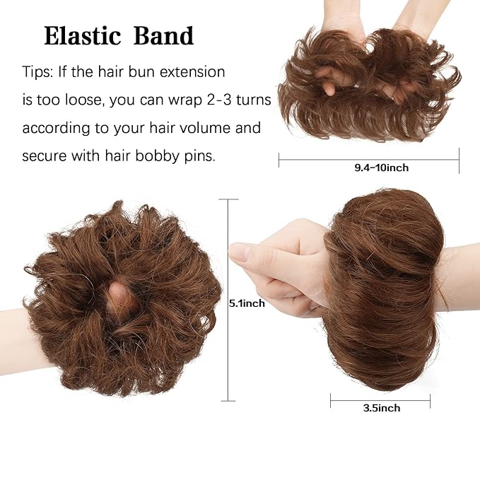 FESHFEN Women's Medium Auburn Wavy Curly Human Hair Messy Bun Hairpiece, 100% Real Hair, Easy to Use, Suitable for All Occasions