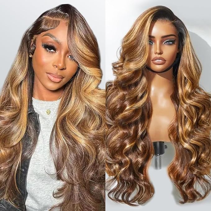 210% Density 13x6 Highlight Ombre Full Lace Frontal Wigs Human Hair 12A Body Wave Brazilian Human Hair Pre Plucked 4/27 Honey Blonde HD Glueless Transparent Lace with Baby Hair 22 Inch