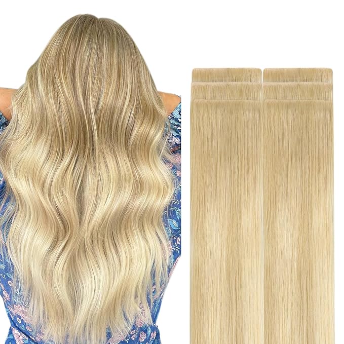 GOO GOO Invisi Edge Tape in Hair Extensions Human Hair, 18AT60A Pearl Ash Blonde Highlights, 6pcs 24inch 18g, Virgin Remy Hair, Seamless Injected Tape, Natural Look