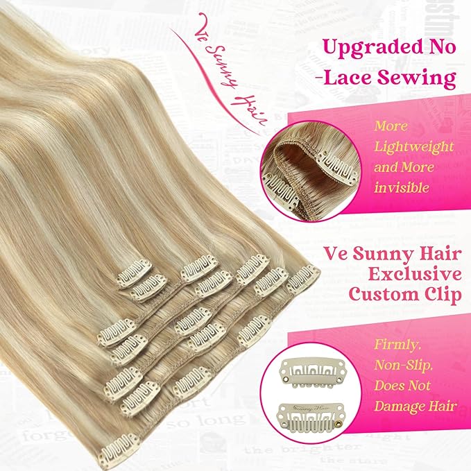 Ve Sunny Hair Extensions Clip ins Double Weft Real Hair Extensions Clip in Human Hair Highlight Blonde Clip in Hair Extensions for Women 20inch 120g