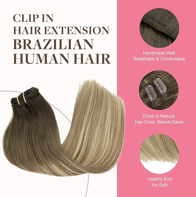 GOO GOO Clip in Hair Extensions Real Human Hair, Remy Human Hair Extensions Clip ins for Women, Natural Human Hair, 16inch 150g 9Pcs, 3/8/613 Balayage Walnut Brown to Ash Brown and Bleach Blonde