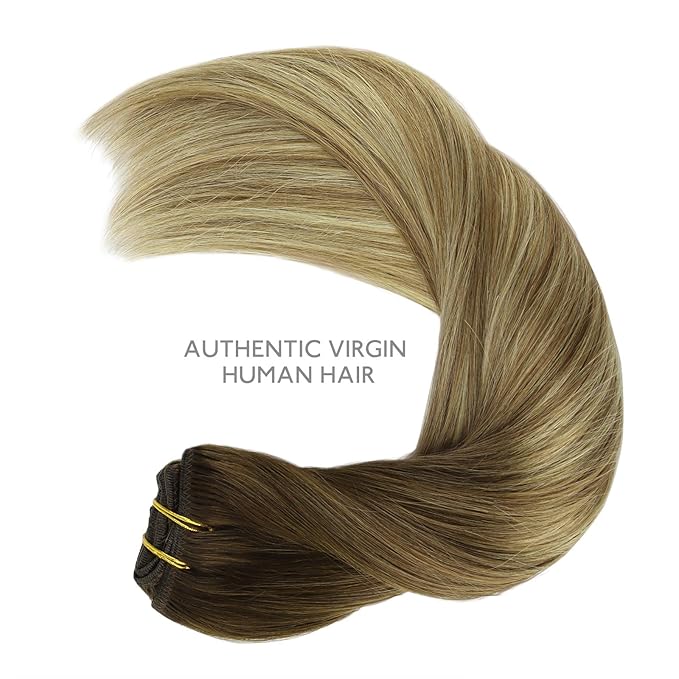 WENNALIFE Clip in Hair Extensions, 150g 16 Inch 9pcs Ombre Walnut Brown to Ash Brown and Bleach Blonde Human Hair Extensions Thicker Clip in Hair Extensions Real Human Hair Clip Set Double Weft
