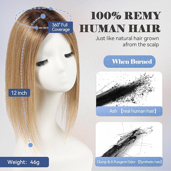 HAIRCUBE Hair Toppers 100% Real HumanHair,Ombre Ash Blonde,5.5"*4" MONO Large Base, 46g Hand-moven Real Human Hair Toppers for Women with ThinningHair