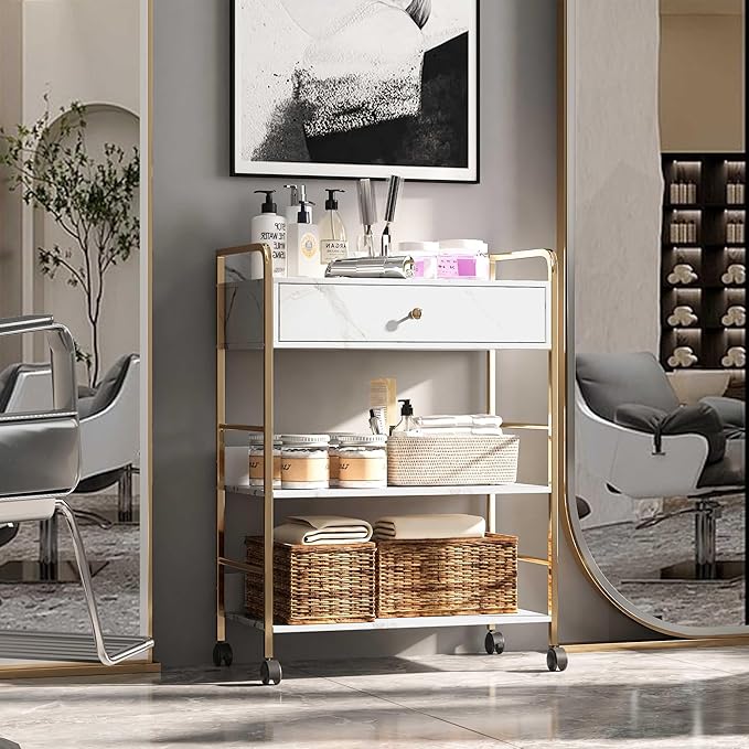 Salon Rolling Trolley with Lockable Wheels Barber Cart with Storage Drawer Mobile Hair Station Cabinet for Beauty Makeup Esthetician Spa Massage (White Marble-one Drawer-Two Shelves)