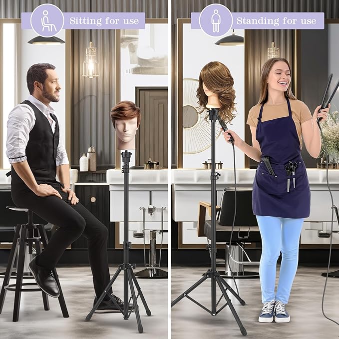Auroras Mannequin Head Stand, Wig Stand Tripod, Adjustable Wig Head Stand with Carrying Bag, Wig Tripod for Cosmetology Hairdressing Training (Mannequin Head Not Included)