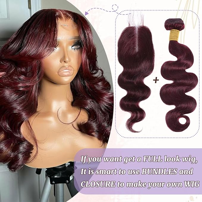 99J Body Wave Bundles Human Hair Burgundy Dark Red Wine Color Body Wave Bundles 100% Real Human Hair And True To Length 22 24 26 Inch 3 Pcs/Pack