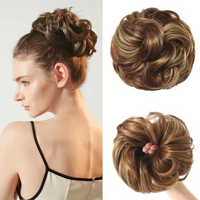 Large Messy Bun Hair Piece Curly Synthetic Extensions Scrunchies Fake Chignon Updo Hairpieces for Women Bronde Highlights