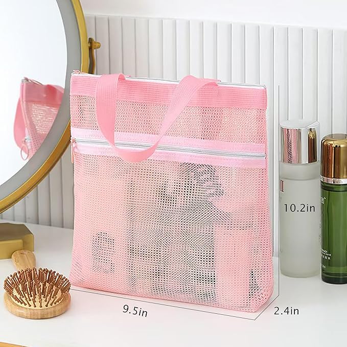 Mesh Shower Caddy Portable Quick Dry Tote Bag with Zipper & 2 Pockets, Large Caddy Mesh Shower Organizer for College Dorm, Swimming, Gym, Beach, Travel Essentials (Pink)