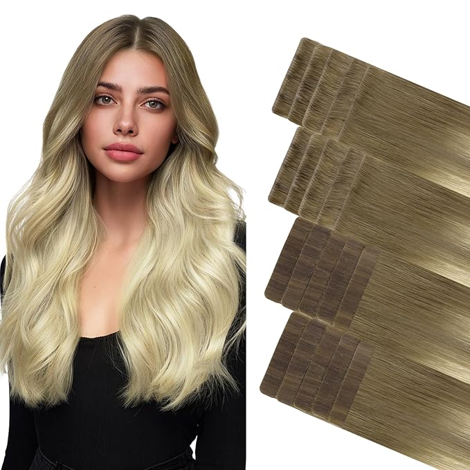 GOO GOO Invisi Edge Tape in Hair Extensions Human Hair, 9/60 Balayage Ash Brown to Platinum Blonde 10pcs injected with 10pcs classical tape ins, 18inch 50g, Virgin Remy Hair, Natural Look