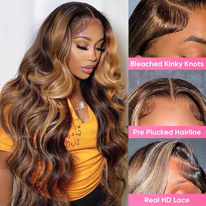 Honey Blonde Ombre 13x6 Lace Front Wig Human Hair 210 Density Highlight Body Wave Lace Front Wigs Human Hair Pre Plucked Glueless Lace Frontal Wig for Women 4/27 Colored 34Inch