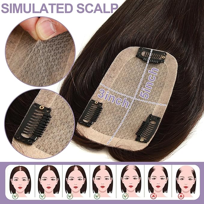 Hair Toppers for Women Real Human Hair, 3x5 Inch Injected Silk Base No Bangs 14 Inch Length 130% Density Hairpieces #1C Natural Black (Subtle Red Undertones in Sunlight)