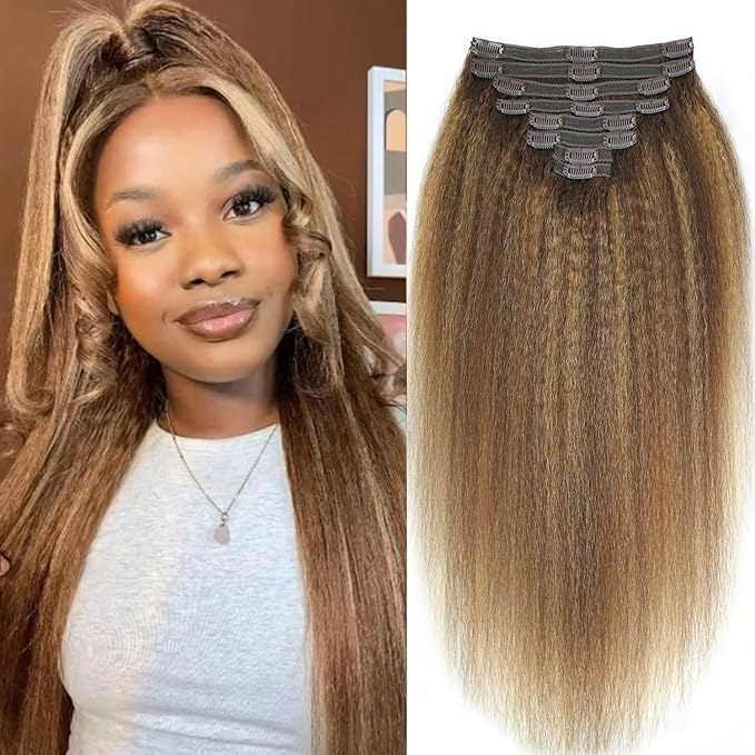 Kinky Straight Clip in Hair Extensions Real Human Highlight Clip ins For Women Unprocessed Clip on Hair Extensions(20inch,#4/27/4)