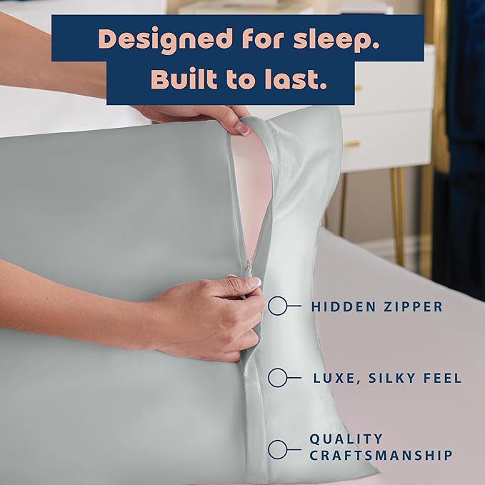 BLISSFORD Satin Pillowcase with Zipper, for Hair and Skin Care, Feels Soft and Cool Like a Silk Pillowcase, Satin Pillow Cases 2 Pack, Slik Pillow Cover, Silver Grey - Queen Size, Set of 2