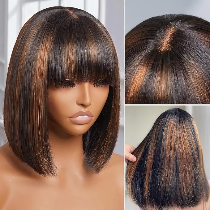 Bob Wig Human Hair with Bangs Glueless 2.5x1 HD Lace Colsure Wigs Human, Bob Wig with Brown Highlights, Wear to Go Short Wigs For Women Beginner Friendly 10 Inch
