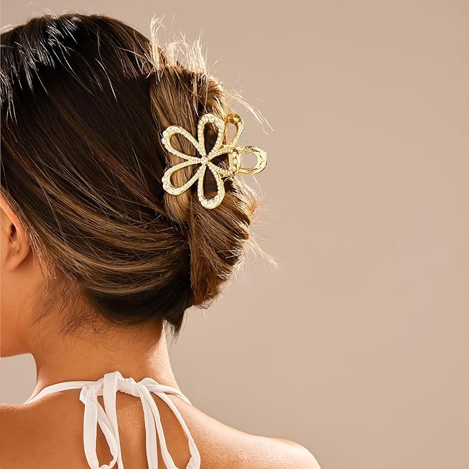 Gold Hair Clips for Women Flower and Double Row Small Claw Clips for Thin/Medium Fine Hair - Nonslip Jaw Clips