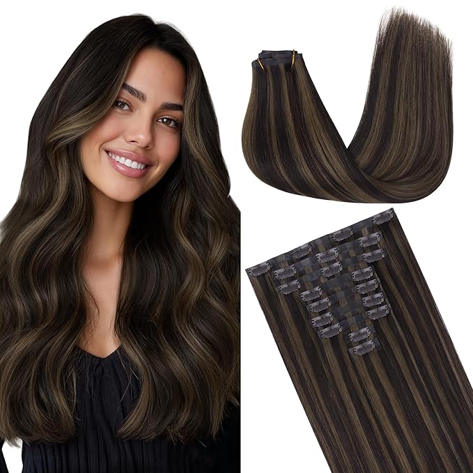 GOO GOO Clip in Hair Extensions Real Human Hair, Remy Human Hair Extensions Clip ins for Women, Natural Human Hair, 14inch 130g 9 Pcs, #2/6 Dark Brown Highlighted Chestnut Brown