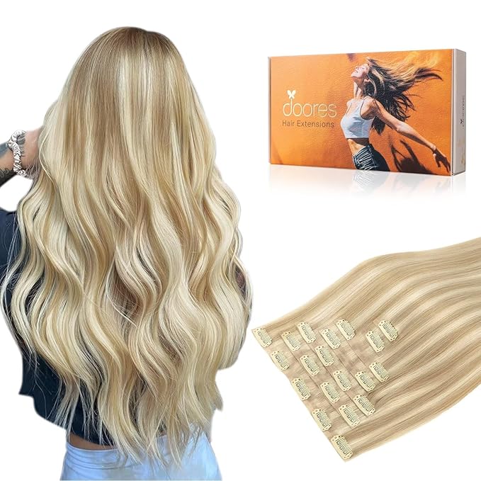 DOORES Seamless Clip in Hair Extensions - Dark Blonde Highlighted Bleach Blonde, 120g, 24 Inch, 7pcs - Invisi Edge Human Hair, Straight