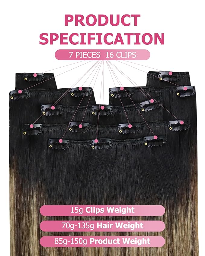 YoungSee Clip in Human Hair Extensions Ombre Clip in Hair Extensions Human Hair Black Ombre Dark Brown Mix Blonde Balayage Hair Extension Clip ins Straight Remy Hair 120G 7Pcs 16In