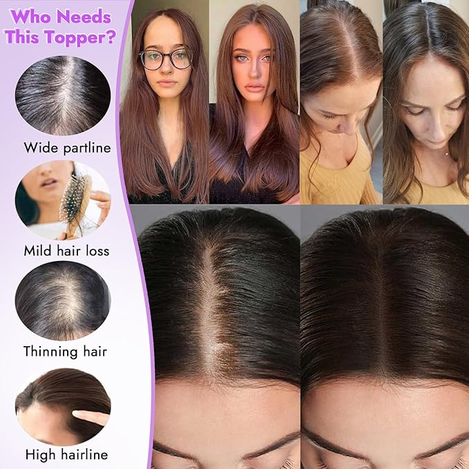 Brown Highlight Hair Toppers for Women with Thinning 3D 360° Cover Clip in Wispy Bangs Upgraded Adjustable Bandage 24 Inch Long Layered
