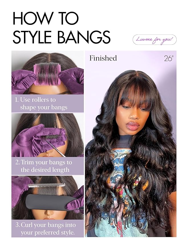 LUVME HAIR 7x6 HD Lace All-Day Comfort Wig with Bangs 200% Density Hair PartingMax Lace Wigs Loose Body Wave Lace Front Wigs Human Hair Pre Cut Plucked Lace Frontal Glueless 22 Inches